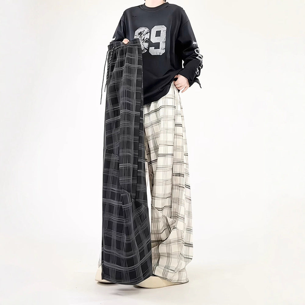 Relaxed Fit Plaid Casual Trousers for Men White Textured PatternLong Pants