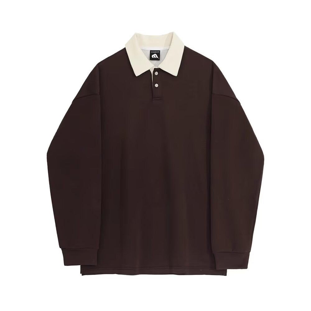 Vintage Color Block Long Sleeve Polo Collar Sweatshirt for Men