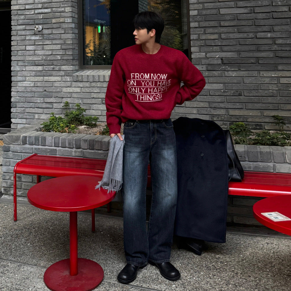 Retro Straight Leg Jeans for Men, Autumn/Winter Washed Distressed Wide Leg Long Pants Commuter Trousers