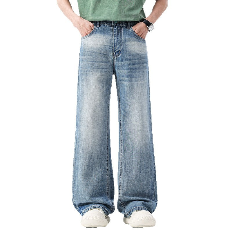 Blue Denim Pants for Men Loose Straight Leg Washed Trousers