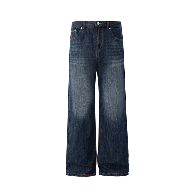Retro Straight Leg Jeans for Men, Autumn/Winter Washed Distressed Wide Leg Long Pants Commuter Trousers