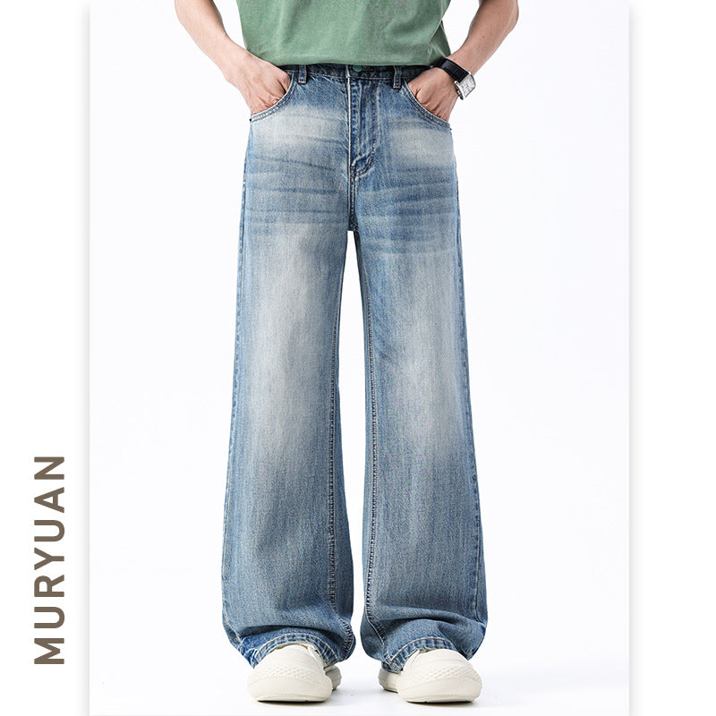 Blue Denim Pants for Men Loose Straight Leg Washed Trousers