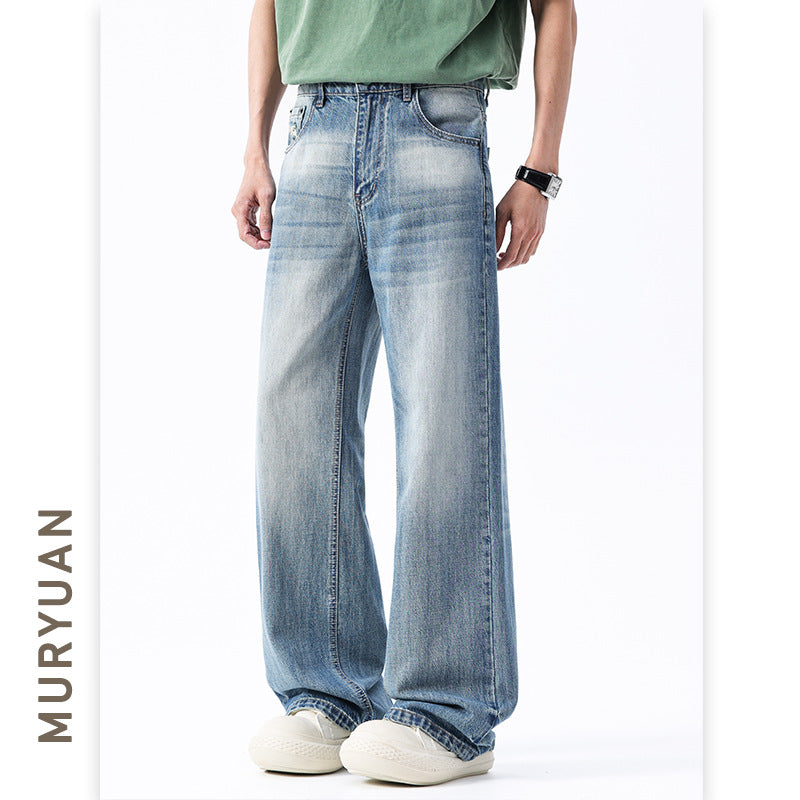 Blue Denim Pants for Men Loose Straight Leg Washed Trousers