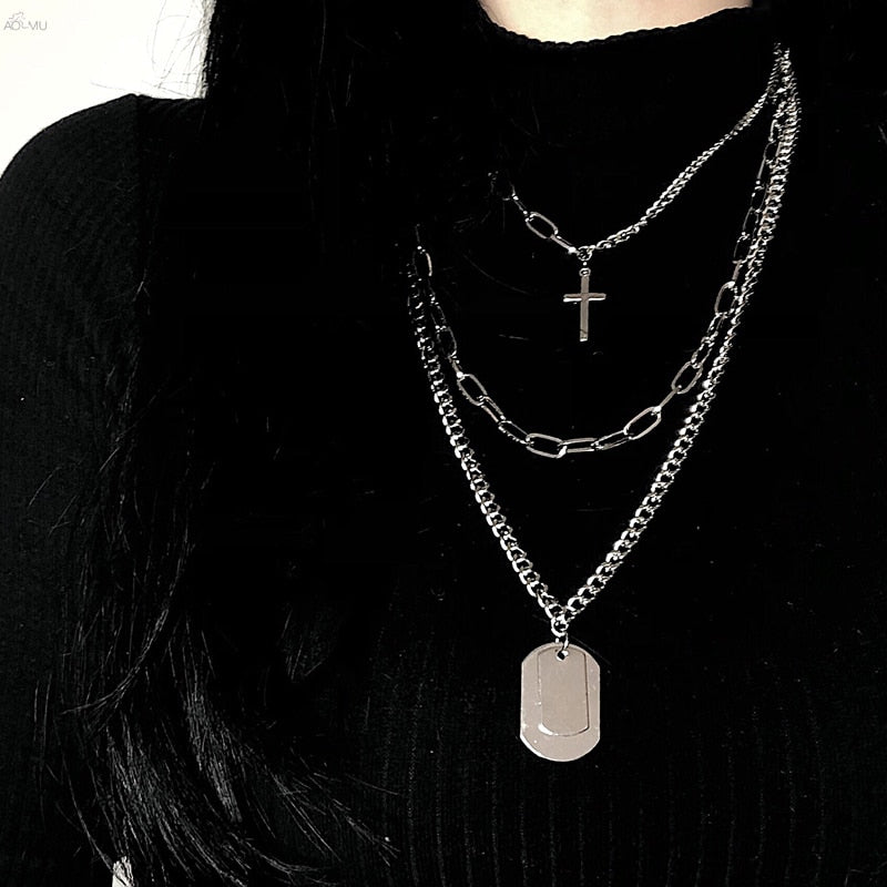 AOMU Fashion Multilayer Hip Hop Long Chain Necklace For Women Men Jewelry Gifts Key Cross Pendant Necklace Accessories