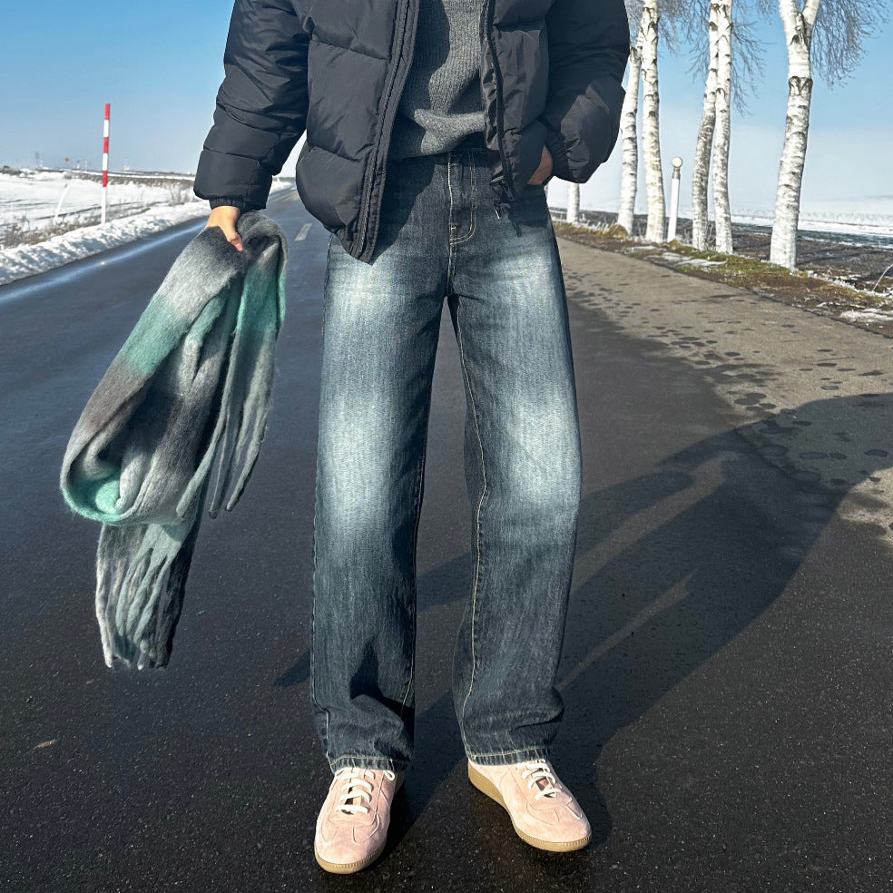 Retro Straight Leg Jeans for Men, Autumn/Winter Washed Distressed Wide Leg Long Pants Commuter Trousers