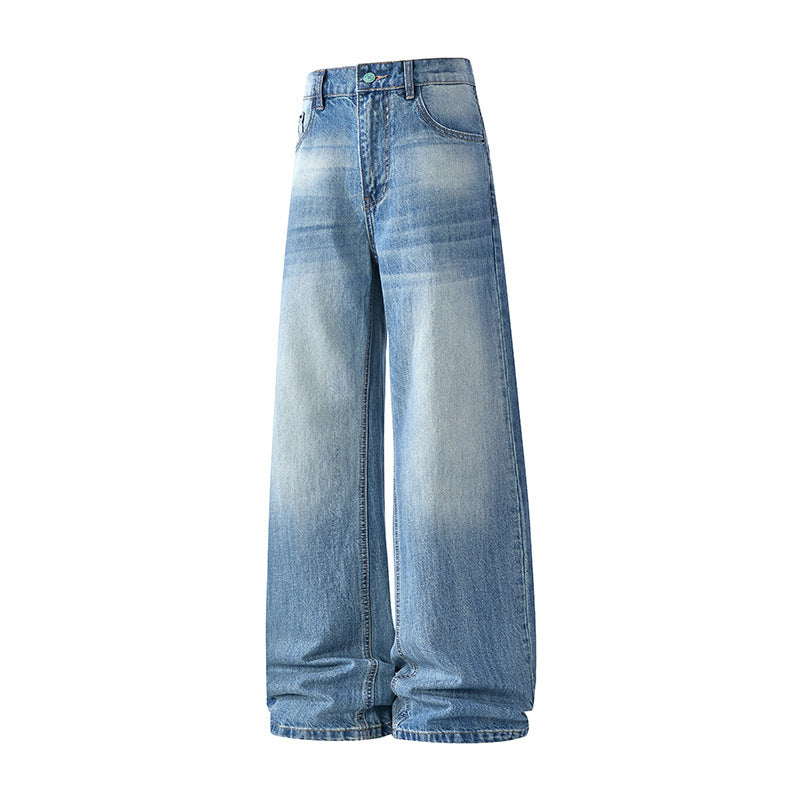 Blue Denim Pants for Men Loose Straight Leg Washed Trousers