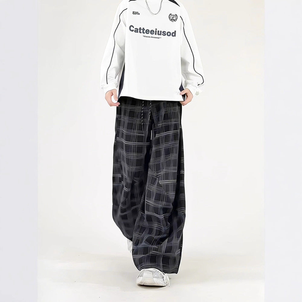 Relaxed Fit Plaid Casual Trousers for Men White Textured PatternLong Pants