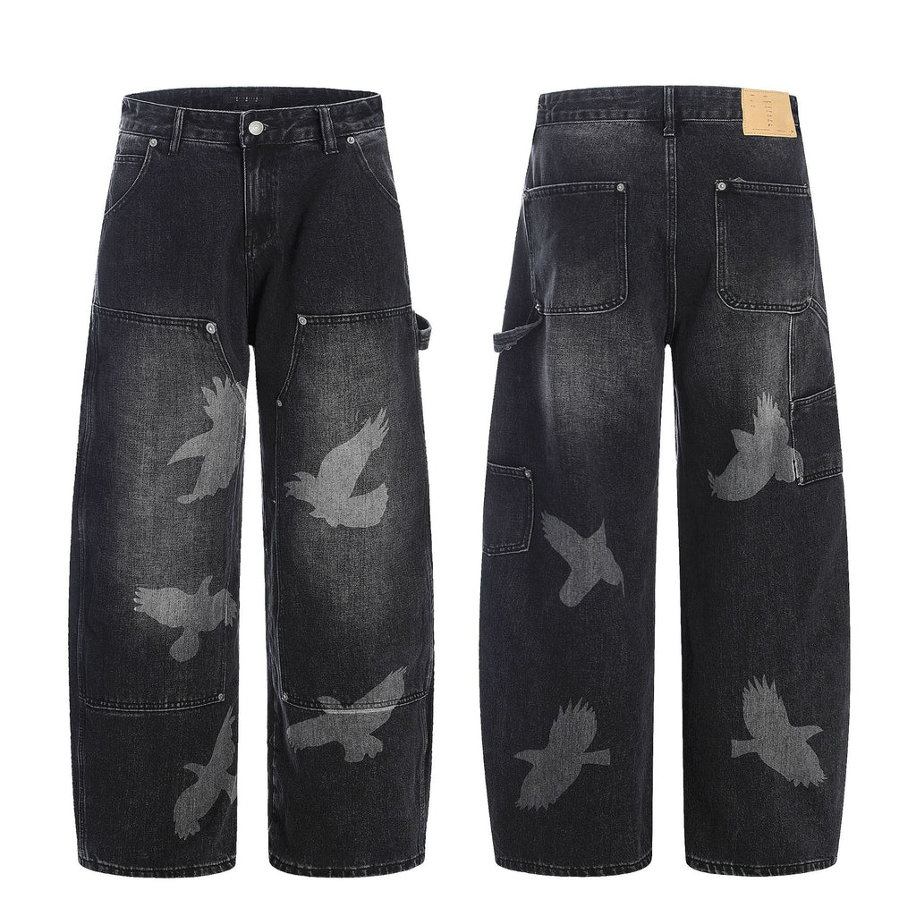 Jeans with Pigeon Pattern for Men and Women, Loose Fit Wide Leg Trousers