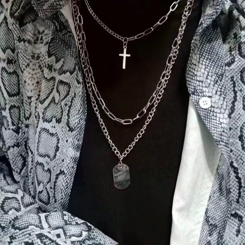 AOMU Fashion Multilayer Hip Hop Long Chain Necklace For Women Men Jewelry Gifts Key Cross Pendant Necklace Accessories