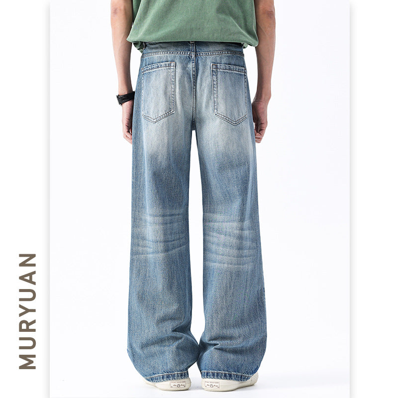 Blue Denim Pants for Men Loose Straight Leg Washed Trousers