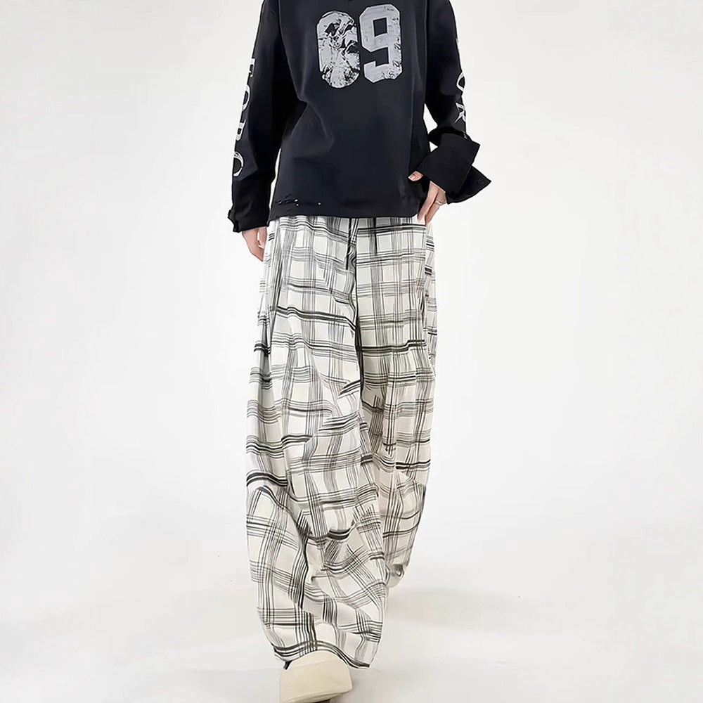 Relaxed Fit Plaid Casual Trousers for Men White Textured PatternLong Pants