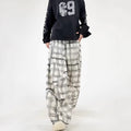 Relaxed Fit Plaid Casual Trousers for Men White Textured PatternLong Pants
