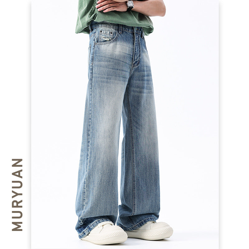 Blue Denim Pants for Men Loose Straight Leg Washed Trousers