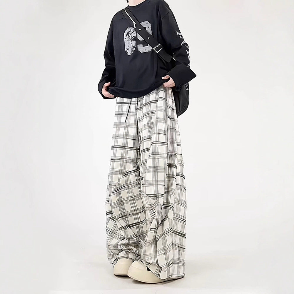 Relaxed Fit Plaid Casual Trousers for Men White Textured PatternLong Pants