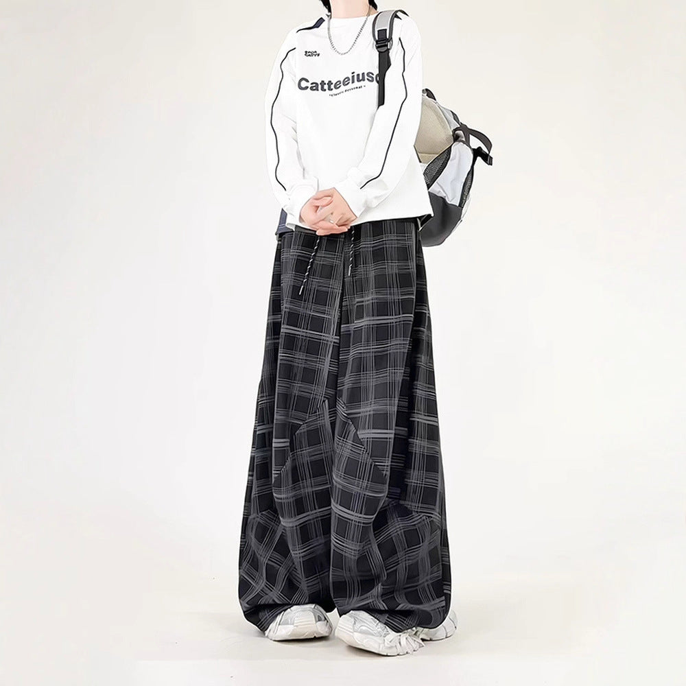 Relaxed Fit Plaid Casual Trousers for Men White Textured PatternLong Pants