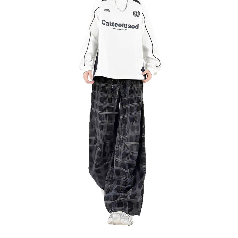 Relaxed Fit Plaid Casual Trousers for Men White Textured PatternLong Pants