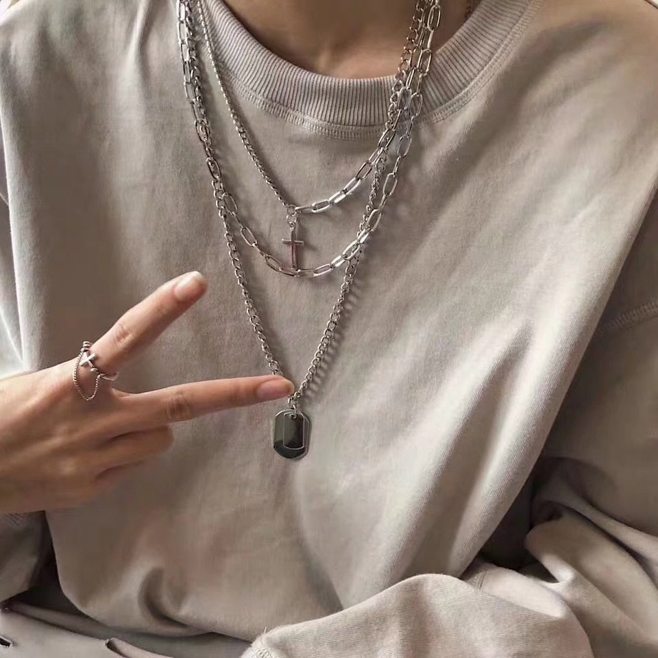 AOMU Fashion Multilayer Hip Hop Long Chain Necklace For Women Men Jewelry Gifts Key Cross Pendant Necklace Accessories