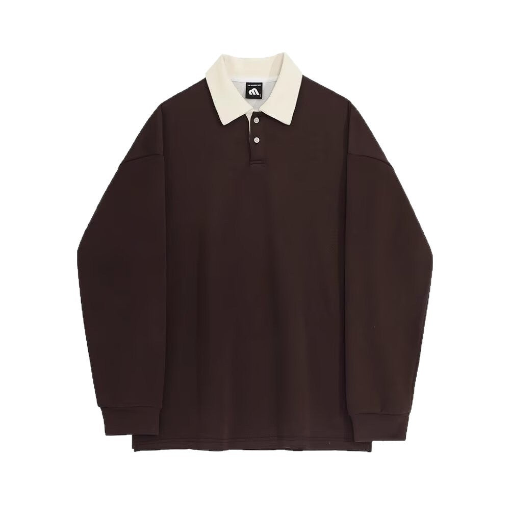 Vintage Color Block Long Sleeve Polo Collar Sweatshirt for Men