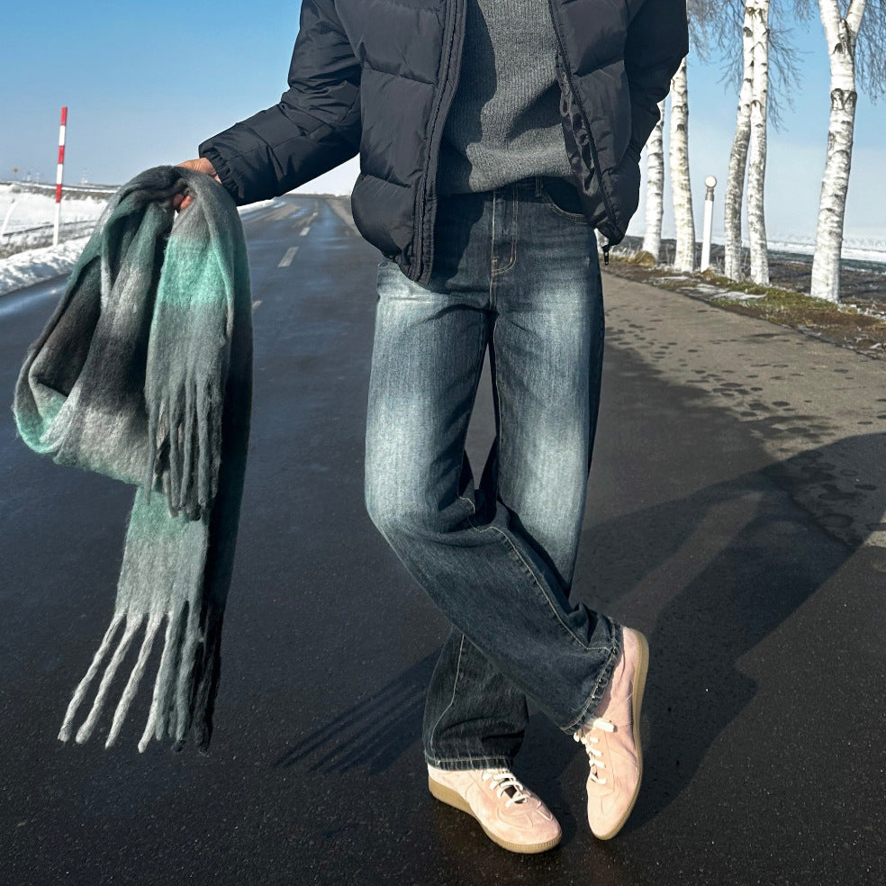 Retro Straight Leg Jeans for Men, Autumn/Winter Washed Distressed Wide Leg Long Pants Commuter Trousers